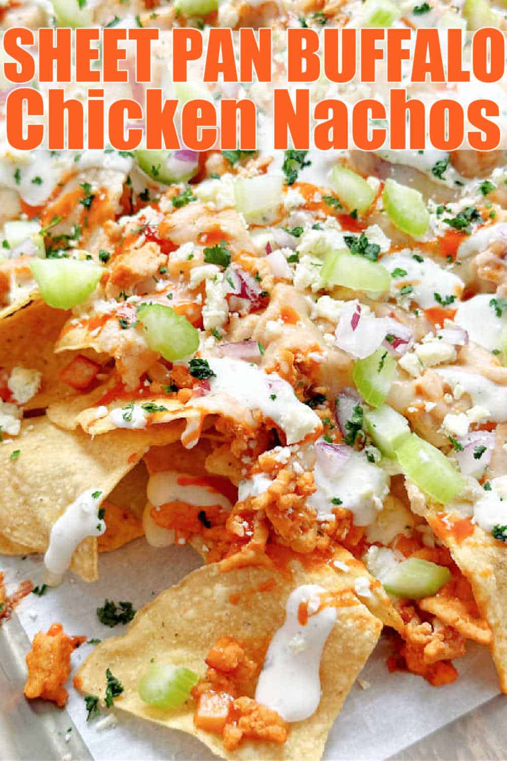 Learn how to make the perfect Buffalo Chicken Nachos with layers of buffalo chicken and lots of cheese all baked in the oven on a sheet pan. via @foodtasticmom