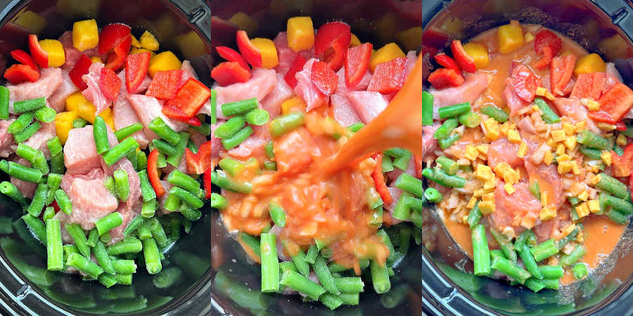 pouring the sauce over the pork curry in the slow cooker insert