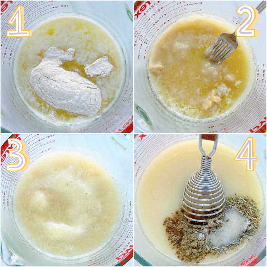 four step collage showing how to make the microwave roux with butter, flour, turkey broth, white wine and seasonings