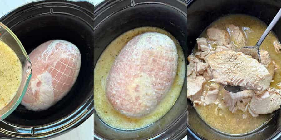 Pouring the gravy over the uncooked turkey breast and then showing the finished, cooked turkey breast in the crock pot