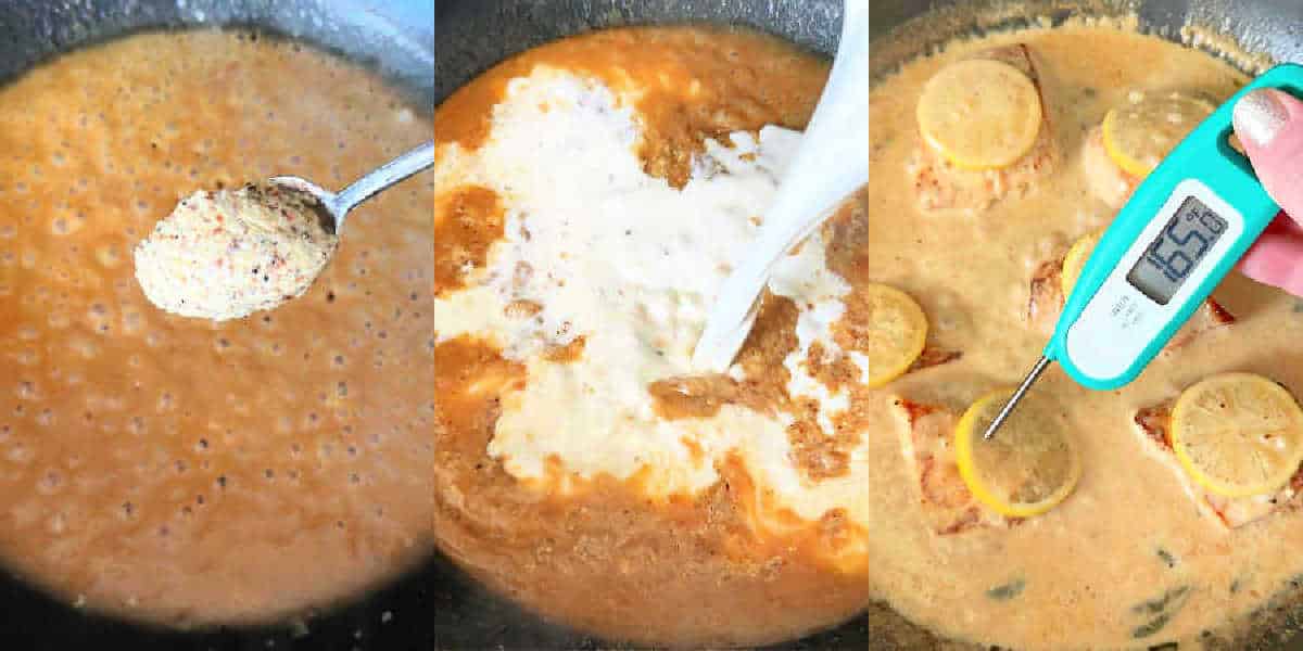 making the creamy sauce in a pan for tarragon chicken