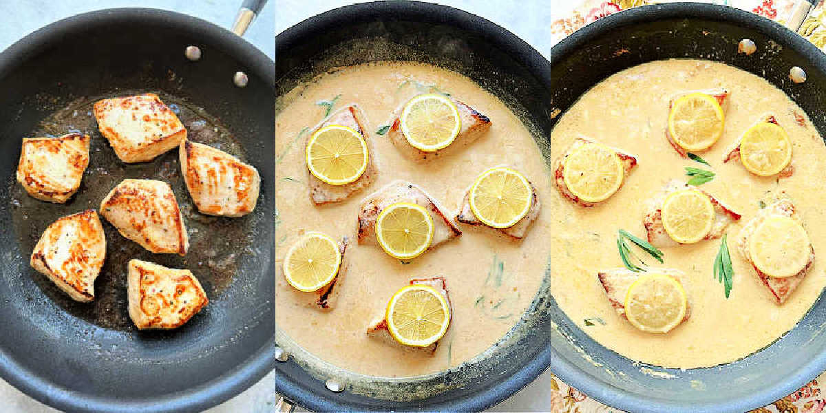showing the chicken breasts cooked in the pan with and without the sauce