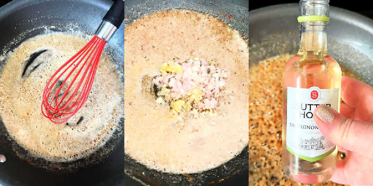 showing the step by step process of making the pan sauce for tarragon chicken