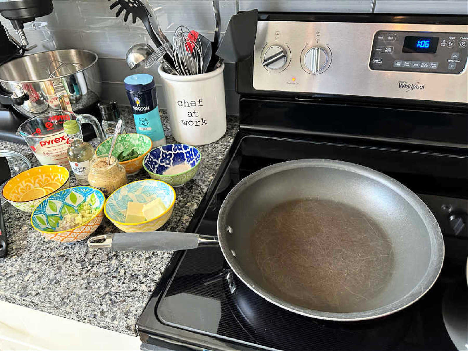 showing my stove pan and mise en place for the tarragon chicken