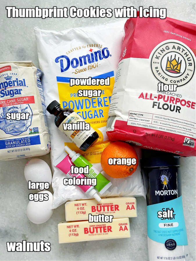 ingredients needed for thumbprint cookies with icing