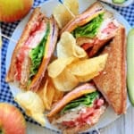 whole plated club sandwich with potato chips and pickle spears