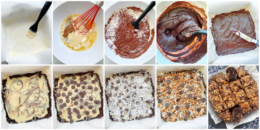 step by step picture collage of how to make condensed milk brownies