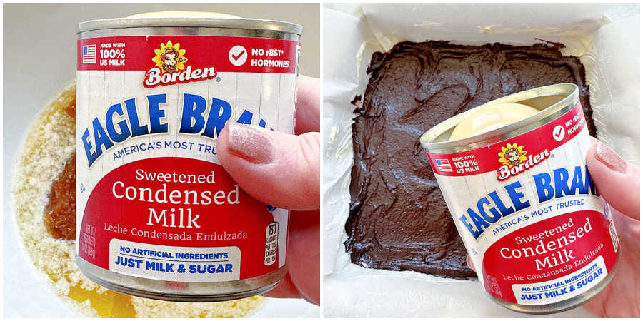 adding the sweetened condensed milk to the brownies