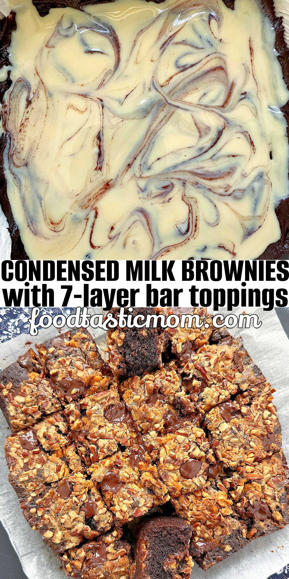 These decadent Condensed Milk Brownies have a drizzle of sweetened condensed milk and toppings similar to seven layer bars. They are perfect with a scoop of ice cream! via @foodtasticmom