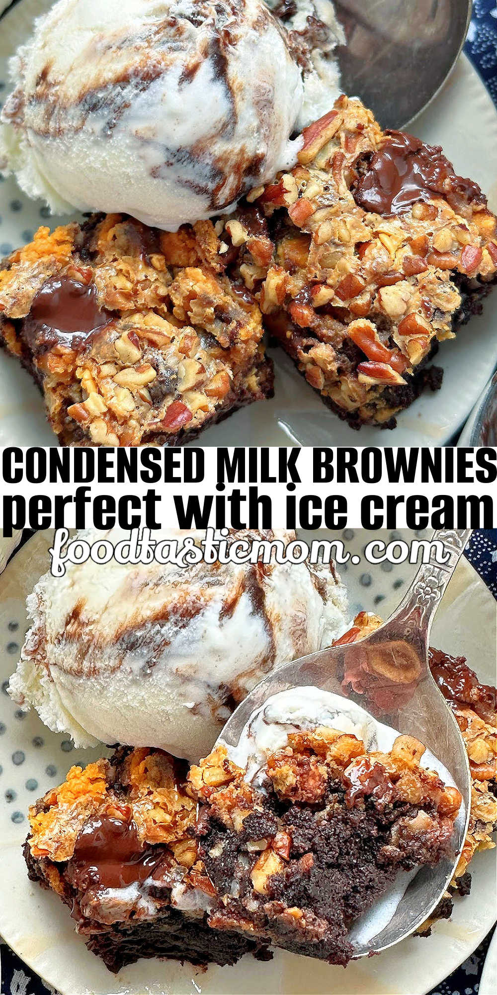 These decadent Condensed Milk Brownies have a drizzle of sweetened condensed milk and toppings similar to seven layer bars. They are perfect with a scoop of ice cream! via @foodtasticmom