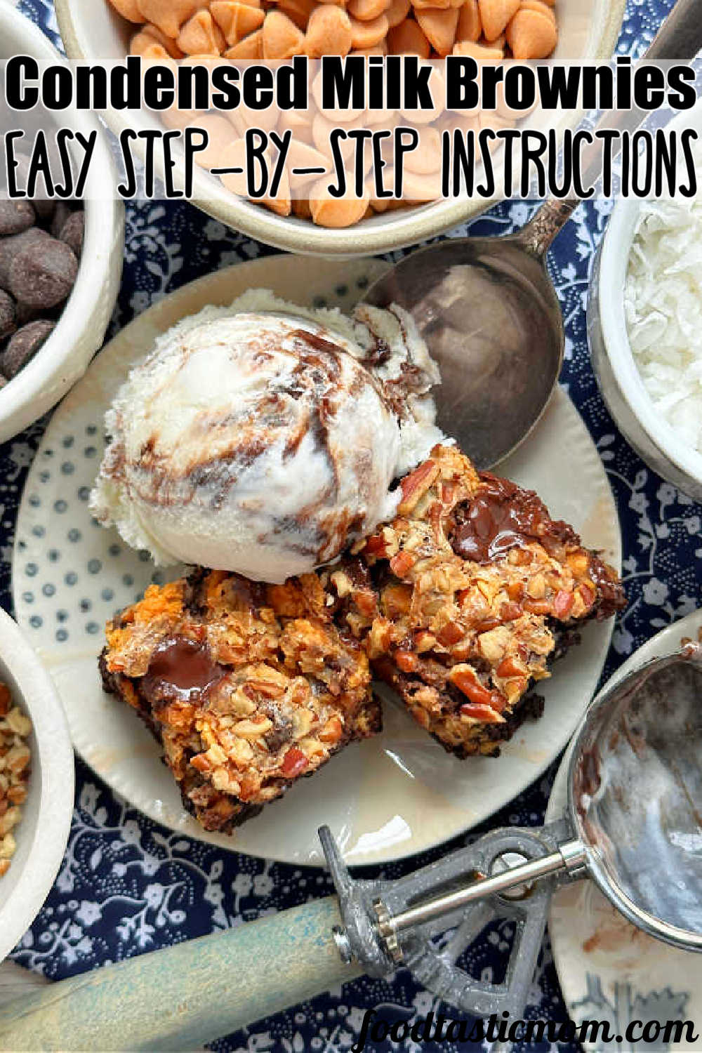 These decadent Condensed Milk Brownies have a drizzle of sweetened condensed milk and toppings similar to seven layer bars. They are perfect with a scoop of ice cream! via @foodtasticmom