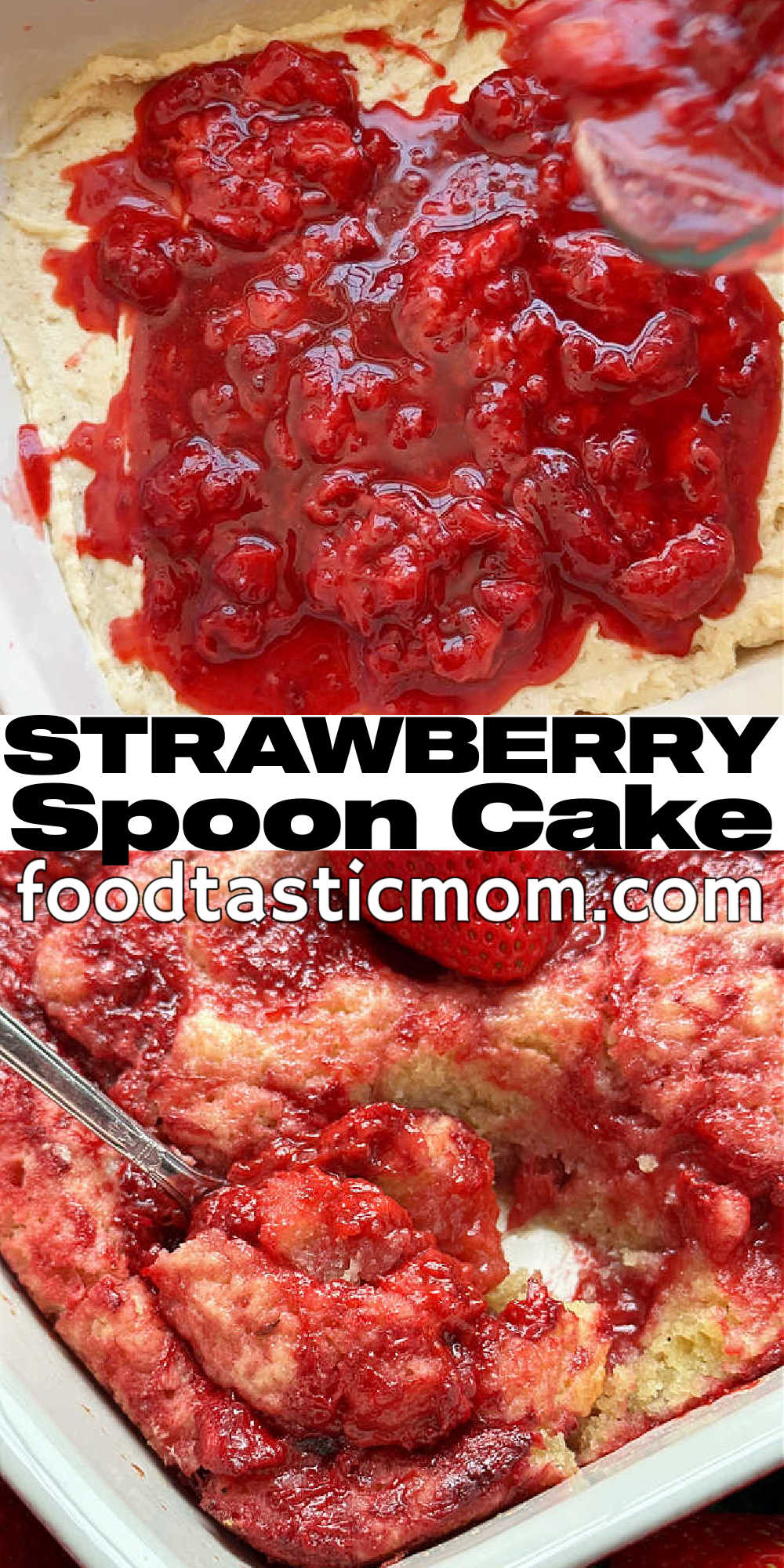 Strawberry Spoon Cake is a delightfully unfussy cake that you don't need a mixer to make and it's ready to eat in less than one hour.  via @foodtasticmom