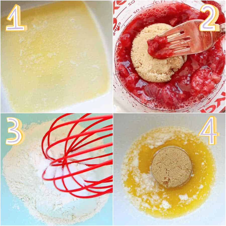 step by step photos for making strawberry spoon cake - greased baking dish, mixing strawberries and sugar, whisking flour, whisking sugar and melted butter
