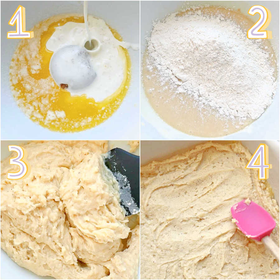 step by step photos of making strawberry spoon cake, making the batter and spreading it into the baking dish