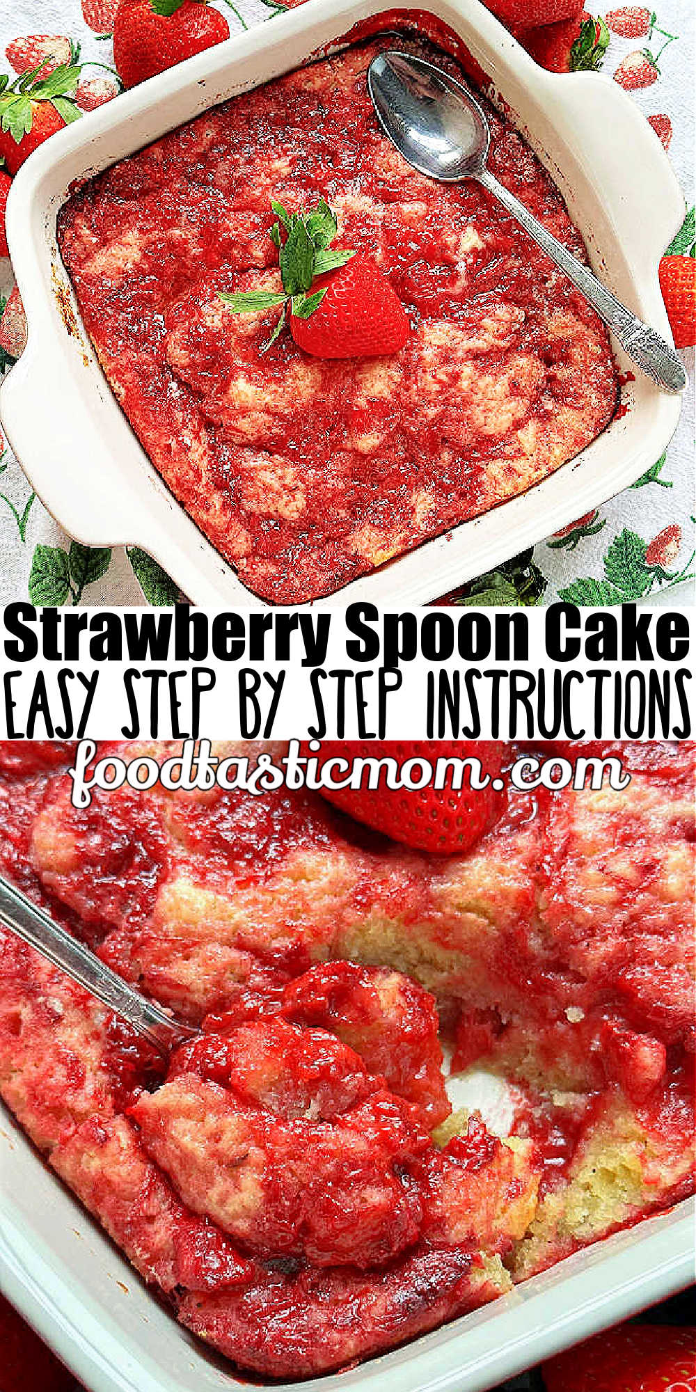 Strawberry Spoon Cake is a delightfully unfussy cake that you don't need a mixer to make and it's ready to eat in less than one hour.  via @foodtasticmom