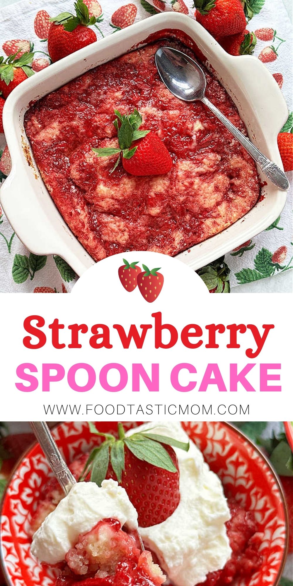Strawberry Spoon Cake is a delightfully unfussy cake that you don't need a mixer to make and it's ready to eat in less than one hour.  via @foodtasticmom