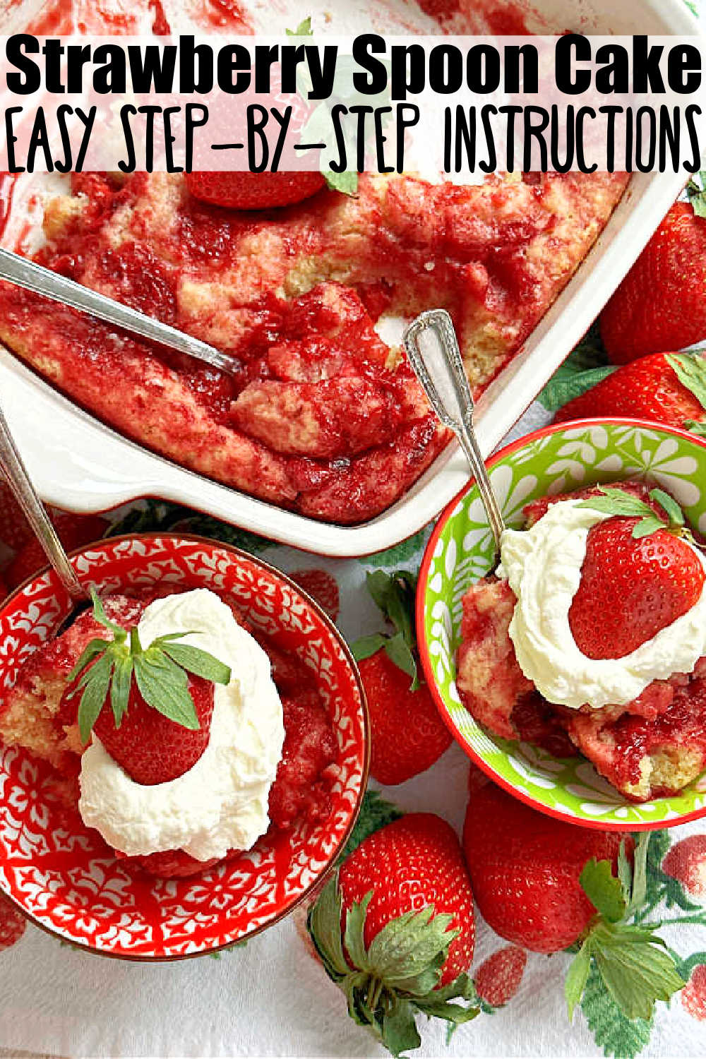 Strawberry Spoon Cake is a delightfully unfussy cake that you don't need a mixer to make and it's ready to eat in less than one hour.  via @foodtasticmom