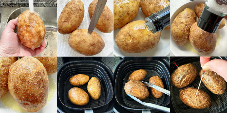 step by step photos showing how to make an air fryer baked potato