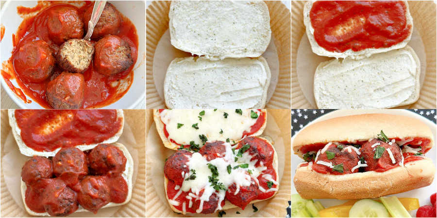 step by step photos for how to make a meatball sub using air fryer frozen meatballs