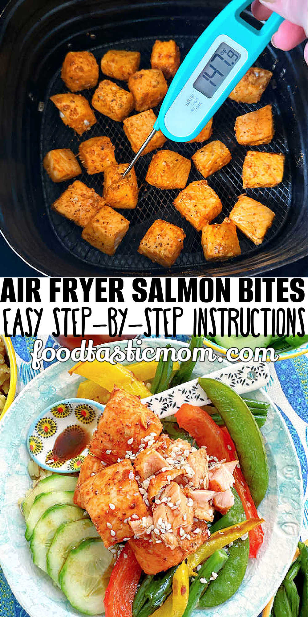 Tender air fryer salmon bites are seasoned with a simple spice rub and cook in just six minutes. Then drizzle them with your choice of sauce. via @foodtasticmom
