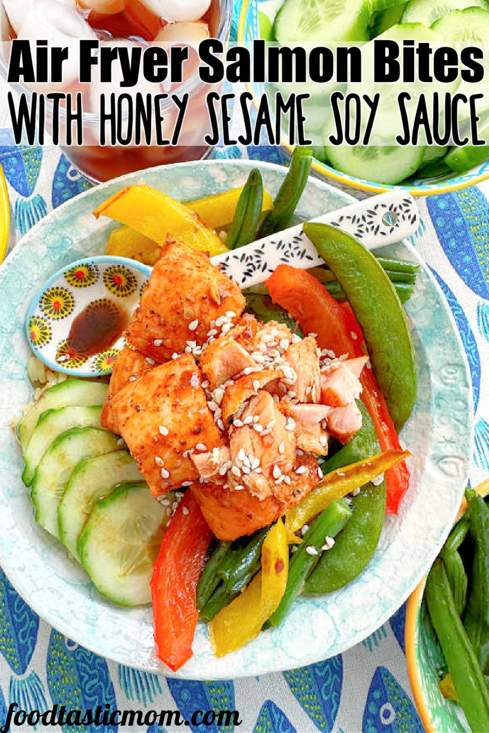 air fryer salmon bites bowl with a honey sesame soy glaze
