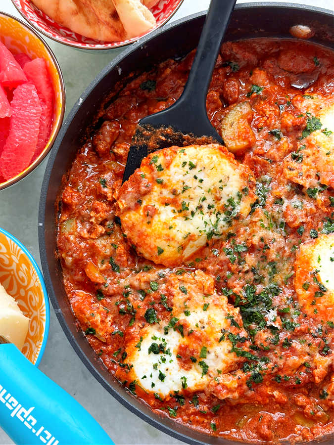 spanish eggs in the skillet they were cooked in