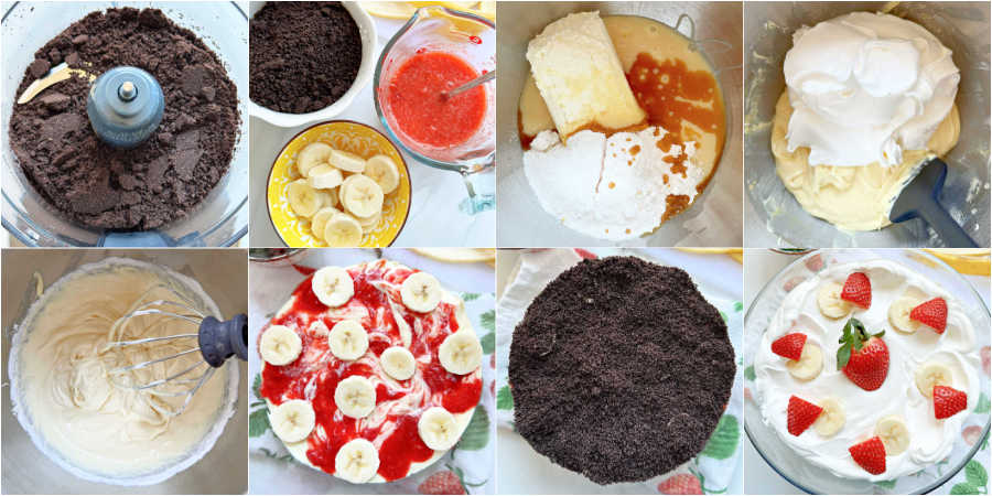 picture collage of how to make strawberry banana pudding from start to finish