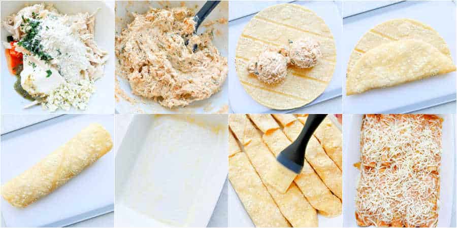 photo collage showing how to make buffalo chicken enchiladas