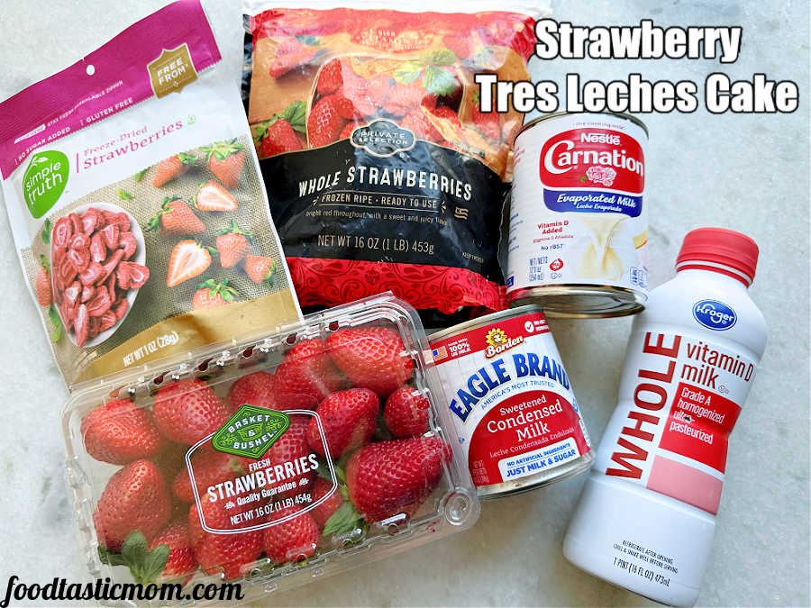 ingredients for making strawberry tres leches cake