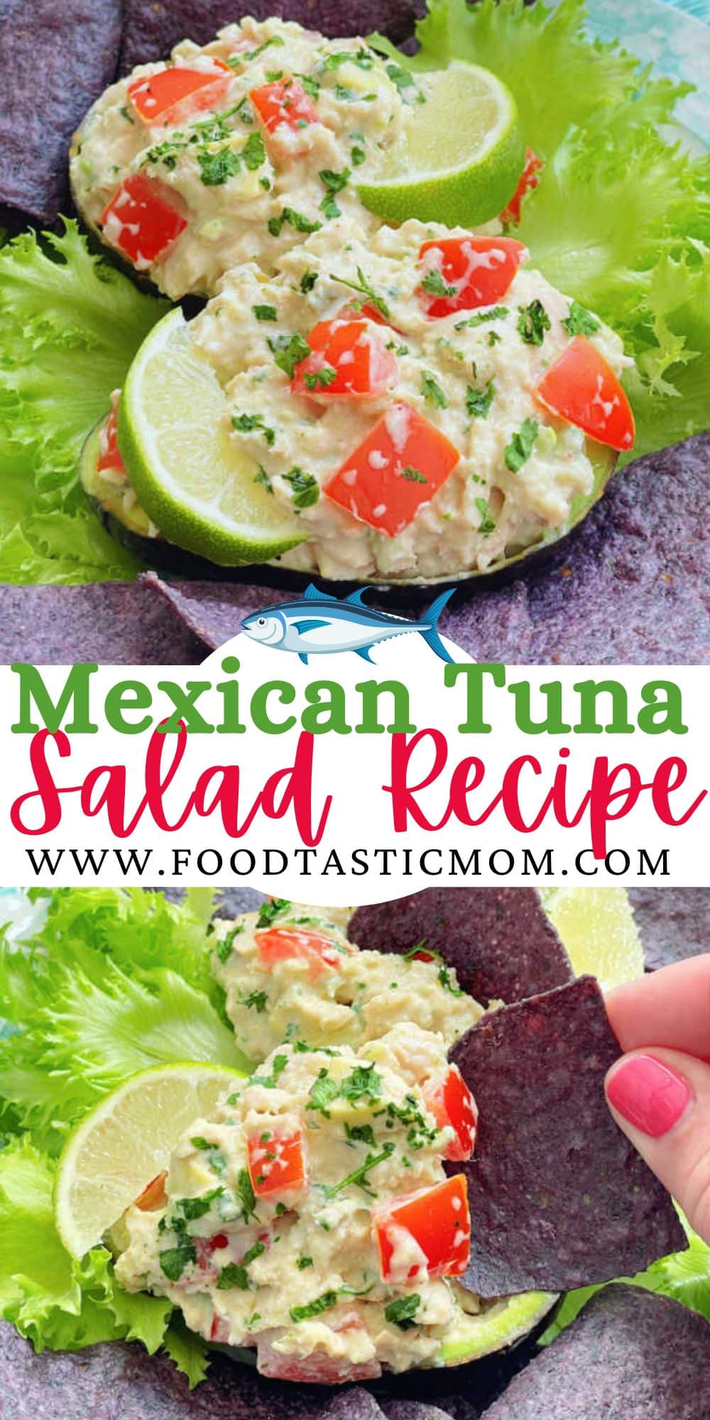 Mexican Tuna Salad spices up a classic, for a high-protein lunch or snack. Tomatoes, avocado, taco sauce, sour cream and lime juice help make this salad a hit. via @foodtasticmom