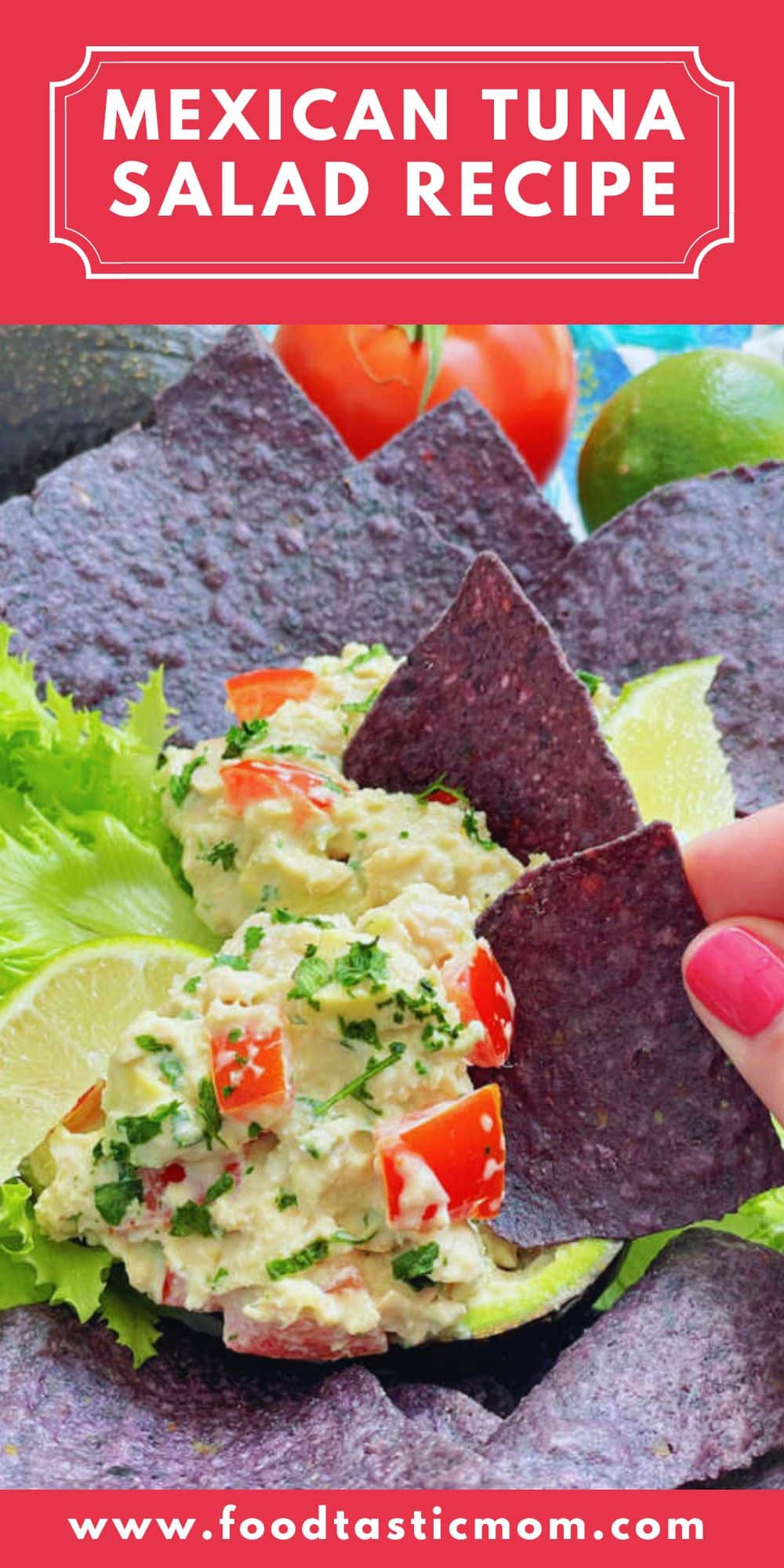 Mexican Tuna Salad spices up a classic, for a high-protein lunch or snack. Tomatoes, avocado, taco sauce, sour cream and lime juice help make this salad a hit. via @foodtasticmom