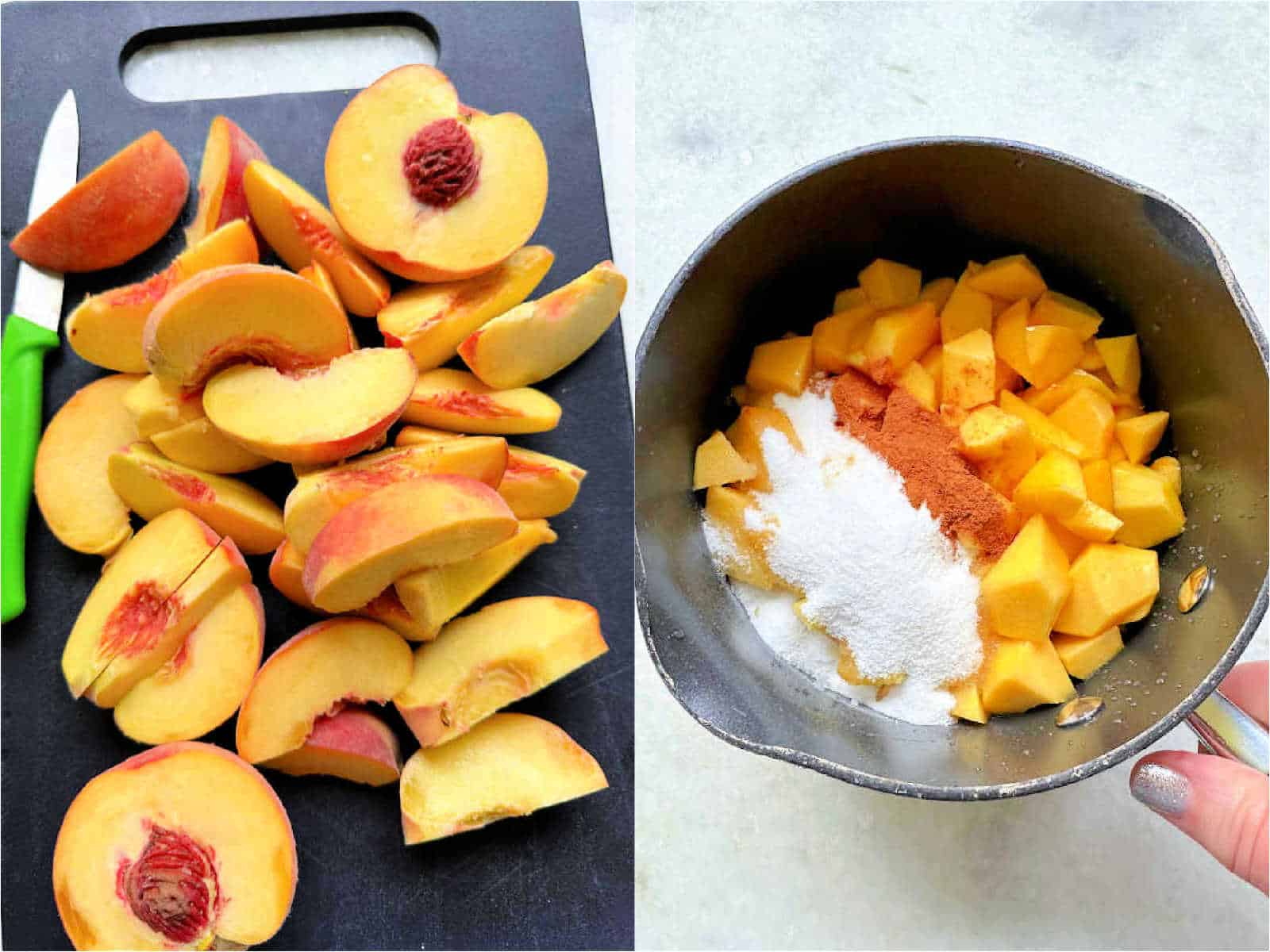 peaches being pitted and sliced and then in the saucepan ready to cook