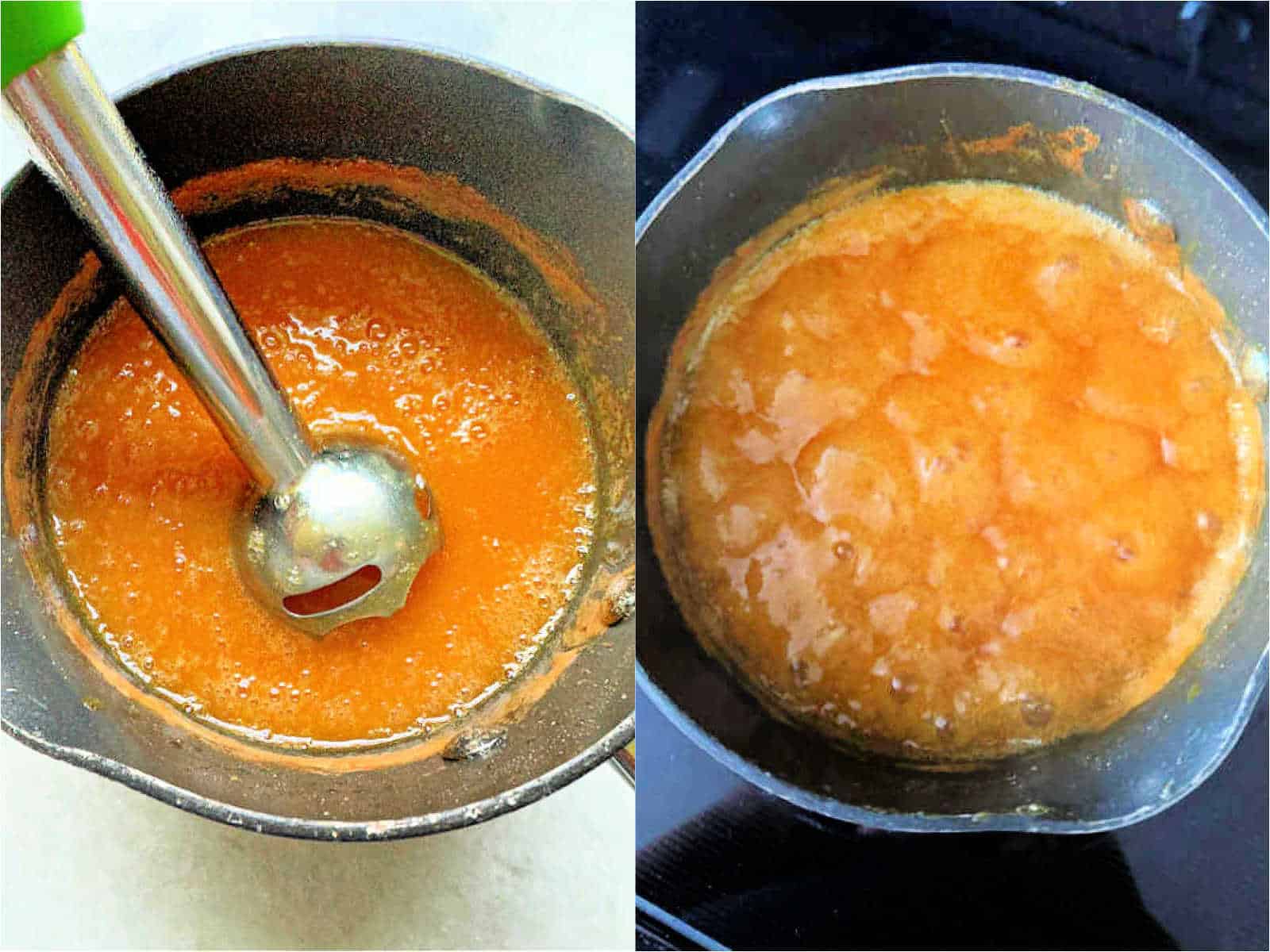 pictures of peach syrup being blended with an immersion blender and cooked