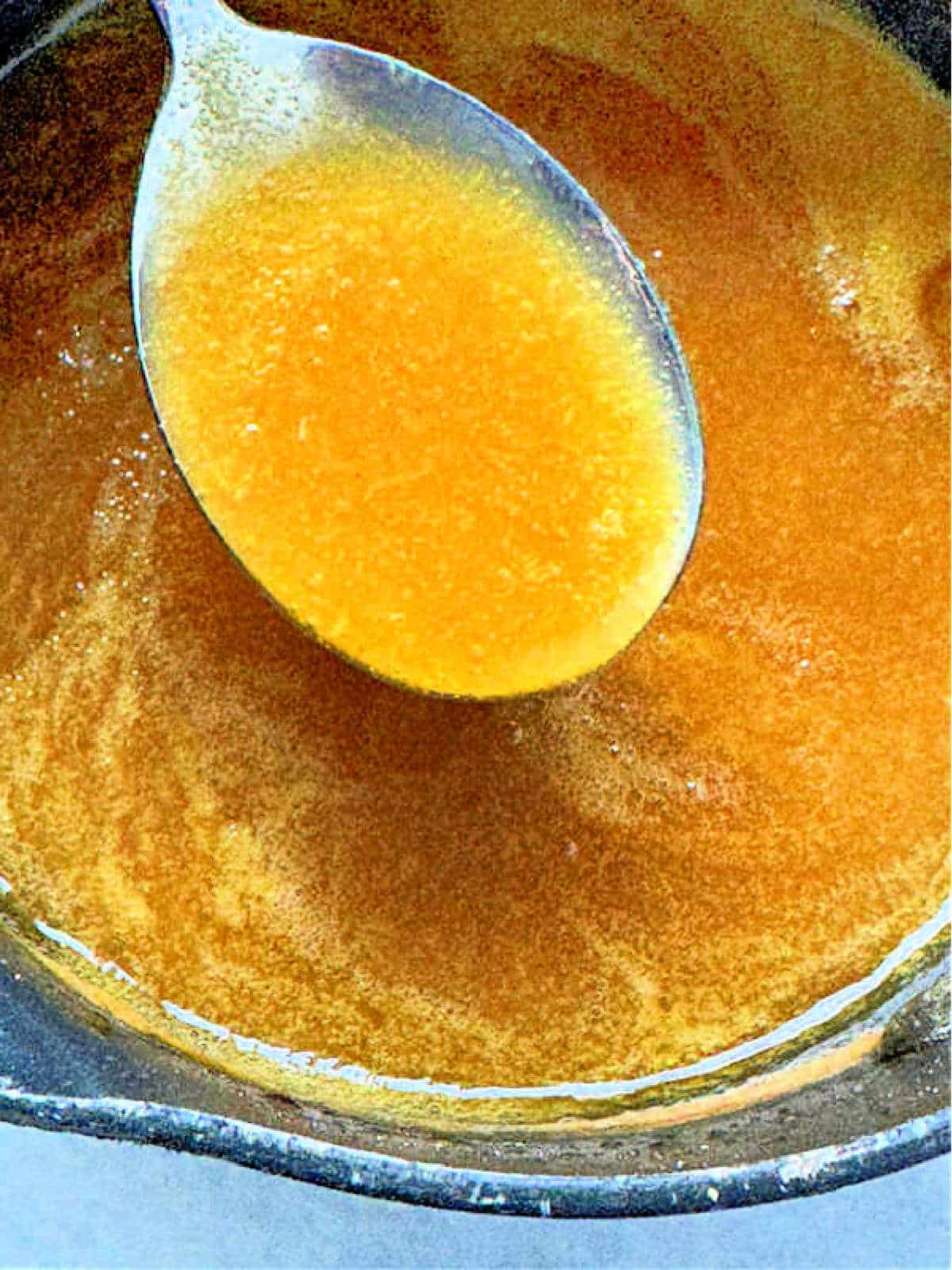 peach syrup still hot after being cooked and blended