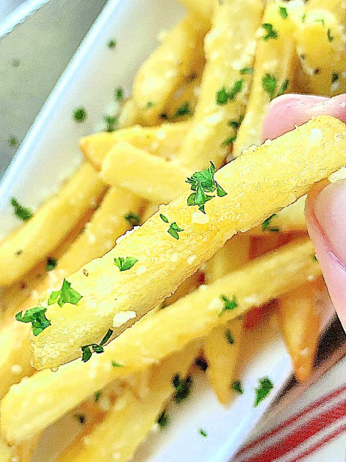 holding an air fryer garlic parmesan french fry to show it close up
