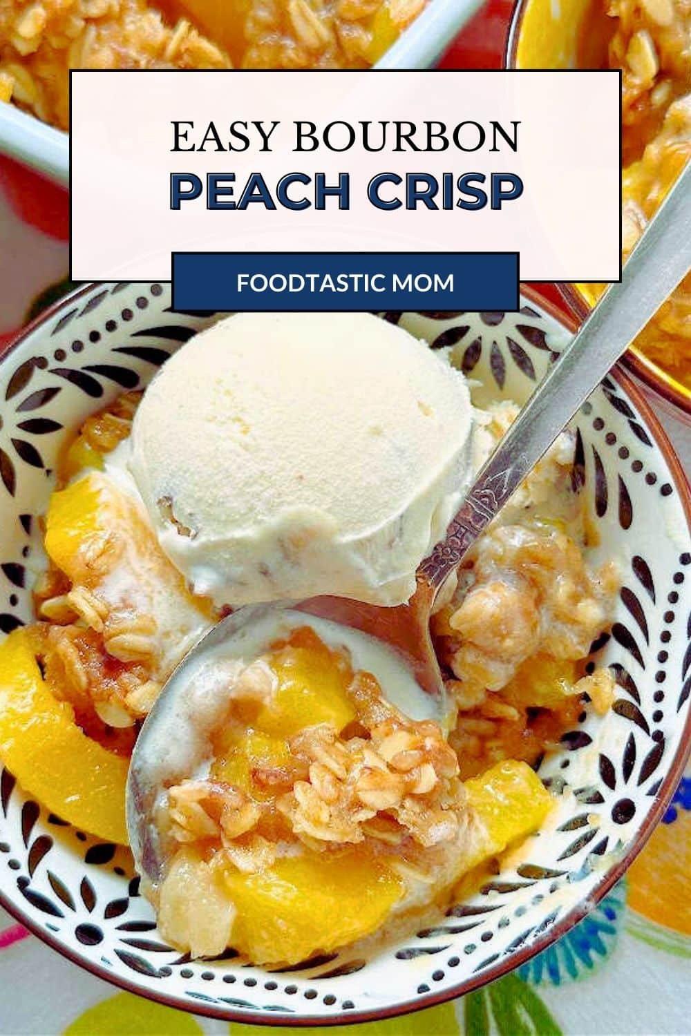 Bourbon Peach Crisp is the perfect dessert to show off the season's best peaches, kissed with bourbon and maple syrup flavor and the most delicious crumble topping. via @foodtasticmom