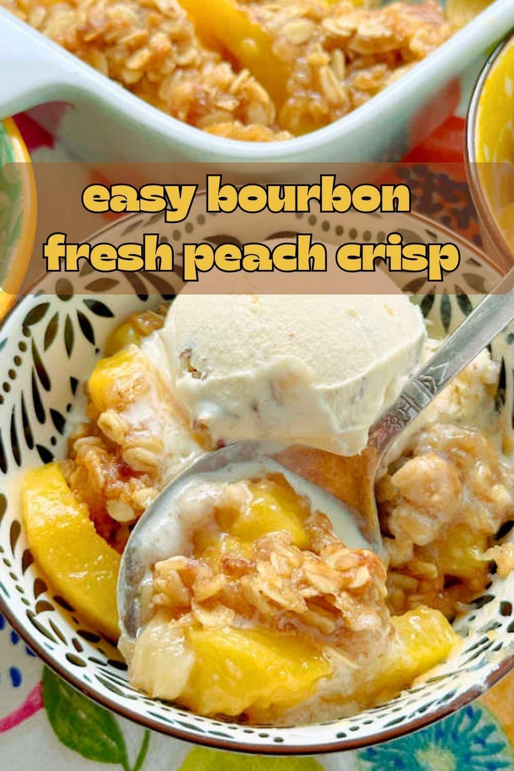 Bourbon Peach Crisp is the perfect dessert to show off the season's best peaches, kissed with bourbon and maple syrup flavor and the most delicious crumble topping. via @foodtasticmom