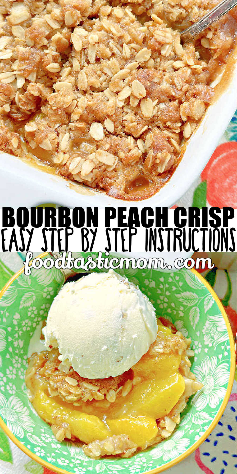 Bourbon Peach Crisp is the perfect dessert to show off the season's best peaches, kissed with bourbon and maple syrup flavor and the most delicious crumble topping.  via @foodtasticmom