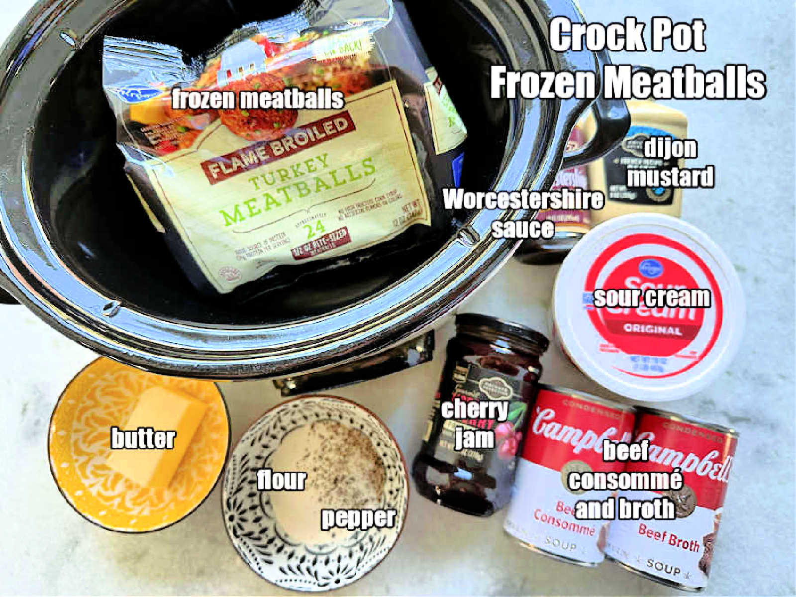 picture of ingredients needed to make frozen meatballs in the crockpot