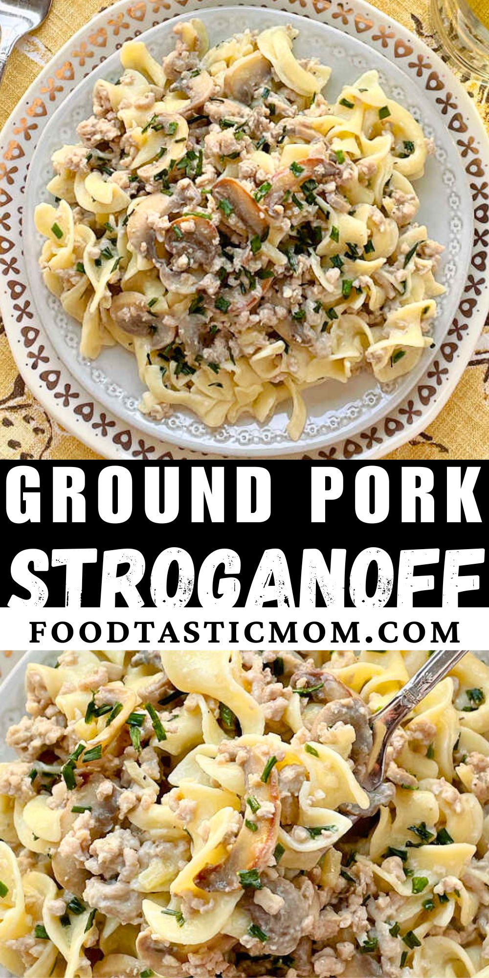 My easy creamy ground pork stroganoff recipe combines ground pork with buttery mushrooms and sweet apples in a tangy sour cream sauce. via @foodtasticmom