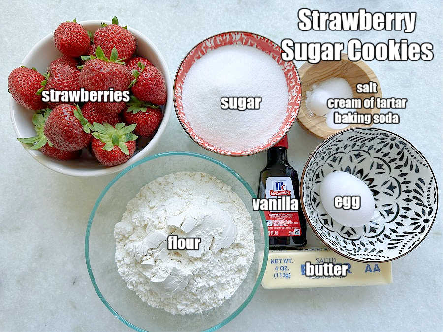 picture of ingredients needed to make strawberry sugar cookies