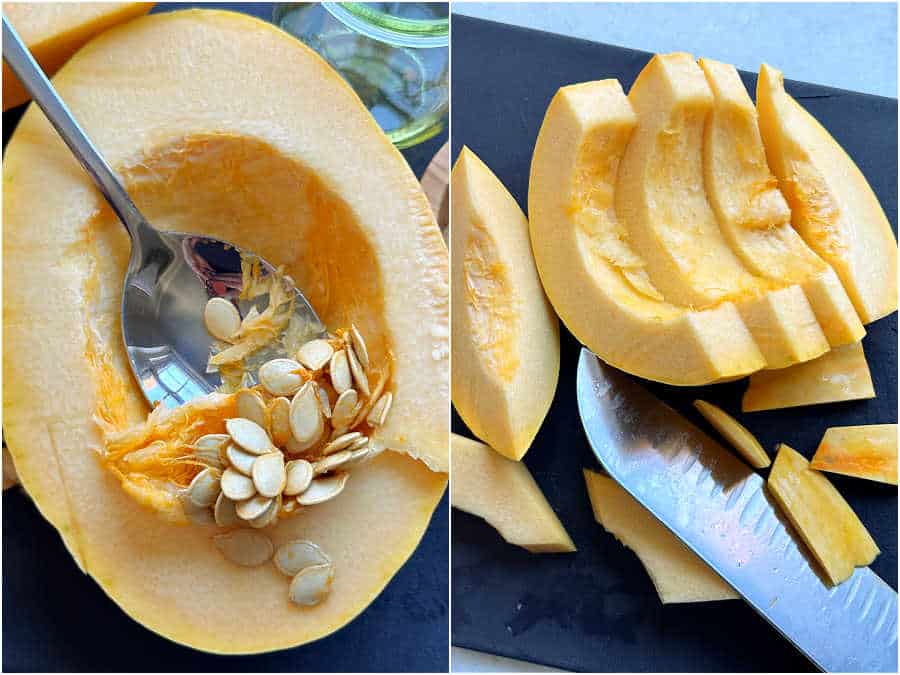 pictures showing how to prepare a fresh pumpkin for roasting in the air fryer