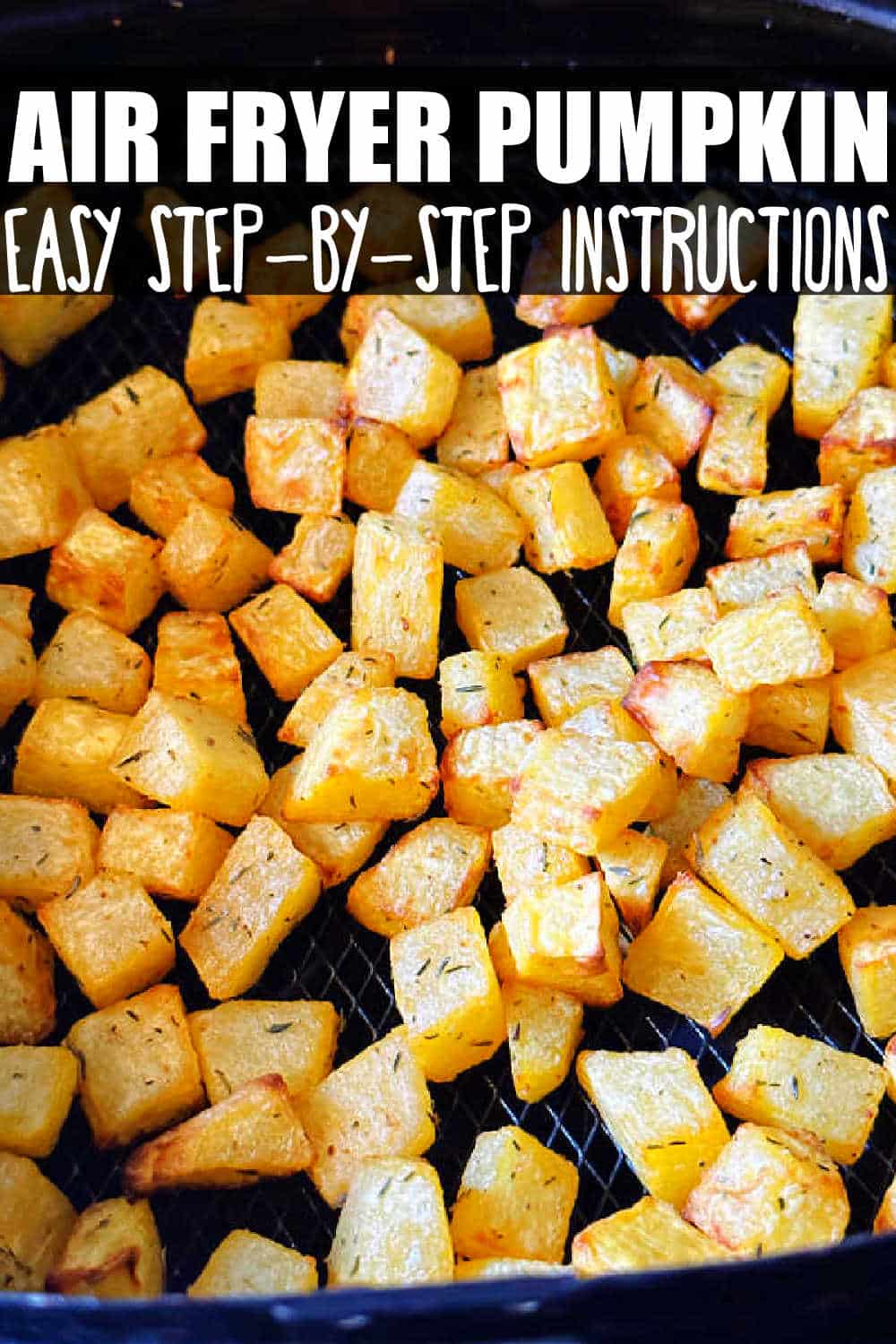 Your air fryer is the best way to make perfectly roasted pumpkin cubes from a fresh pumpkin for a healthy snack or adding to a beautiful fall salad. via @foodtasticmom