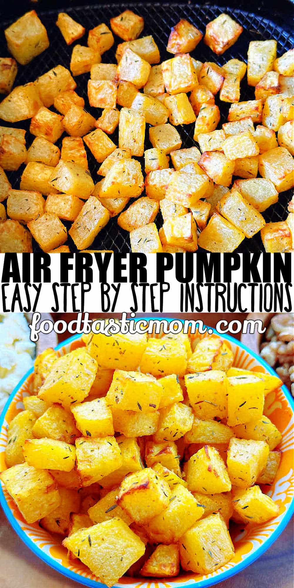 Your air fryer is the best way to make perfectly roasted pumpkin cubes from a fresh pumpkin for a healthy snack or adding to a beautiful fall salad. via @foodtasticmom