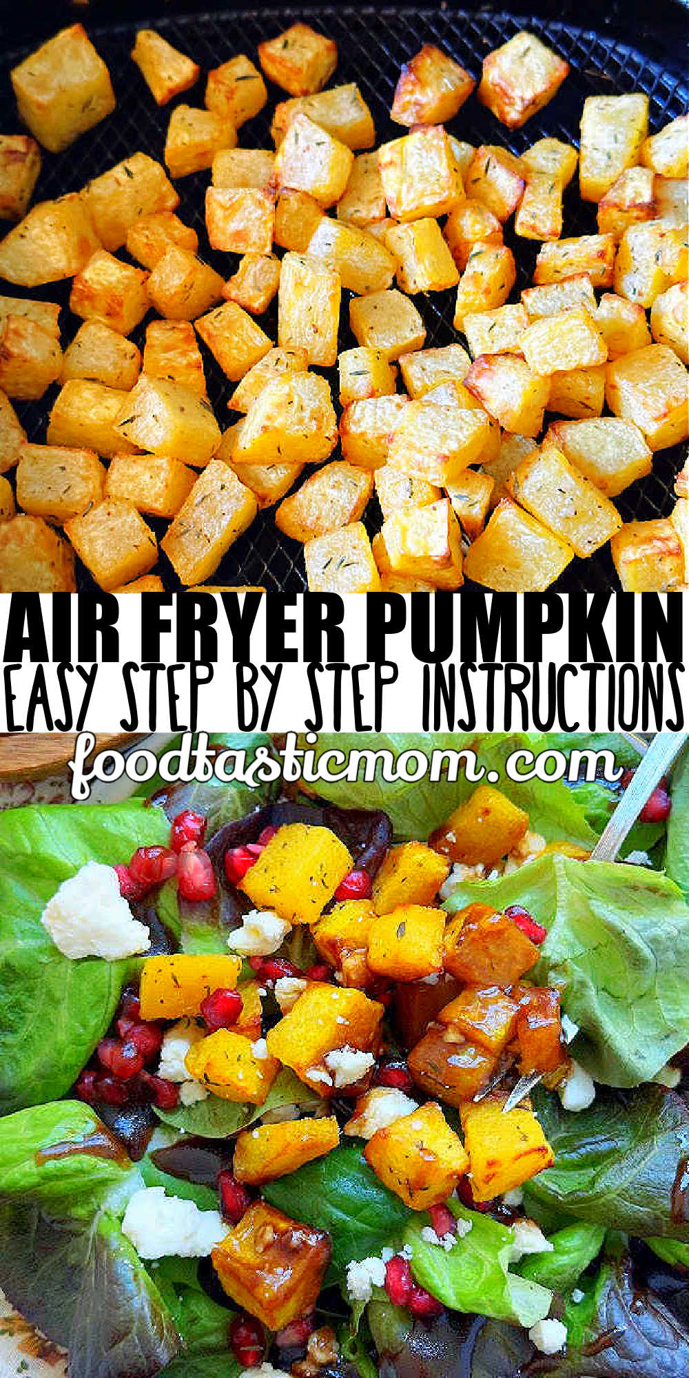 Your air fryer is the best way to make perfectly roasted pumpkin cubes from a fresh pumpkin for a healthy snack or adding to a beautiful fall salad. via @foodtasticmom