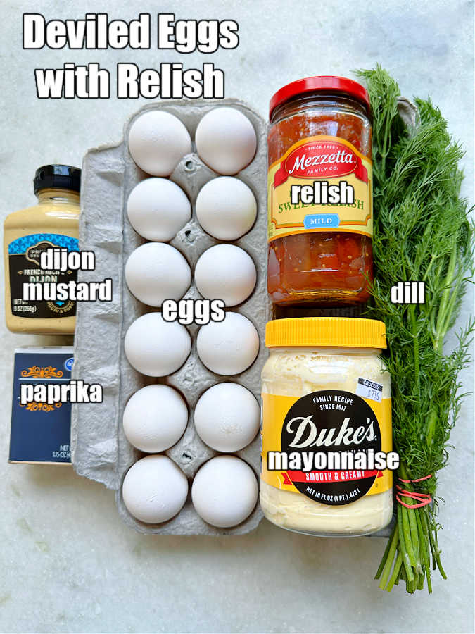 picture of ingredients needed to make deviled eggs with relish