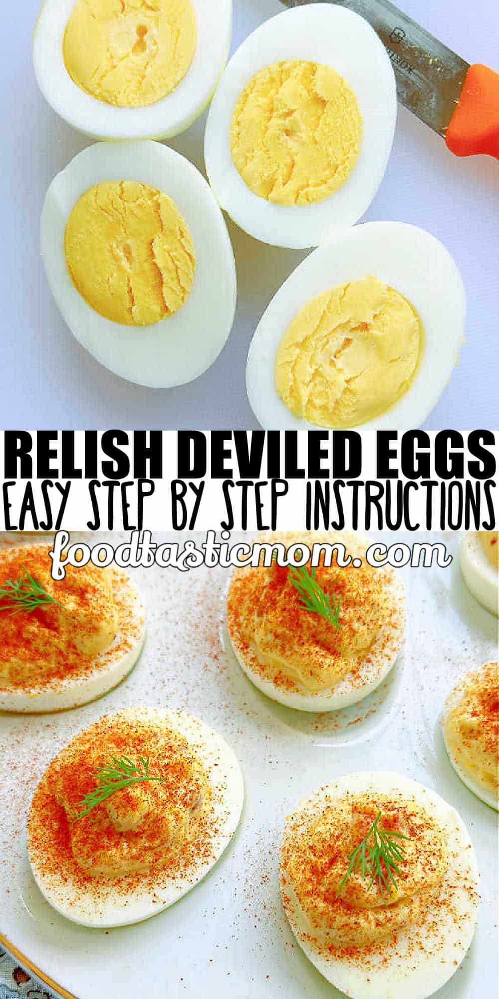 Flavor these Deviled Eggs with your favorite type of relish - sweet or dill pickle, red pepper or even chutney. Plus a fool-proof way for hard boiling eggs. via @foodtasticmom
