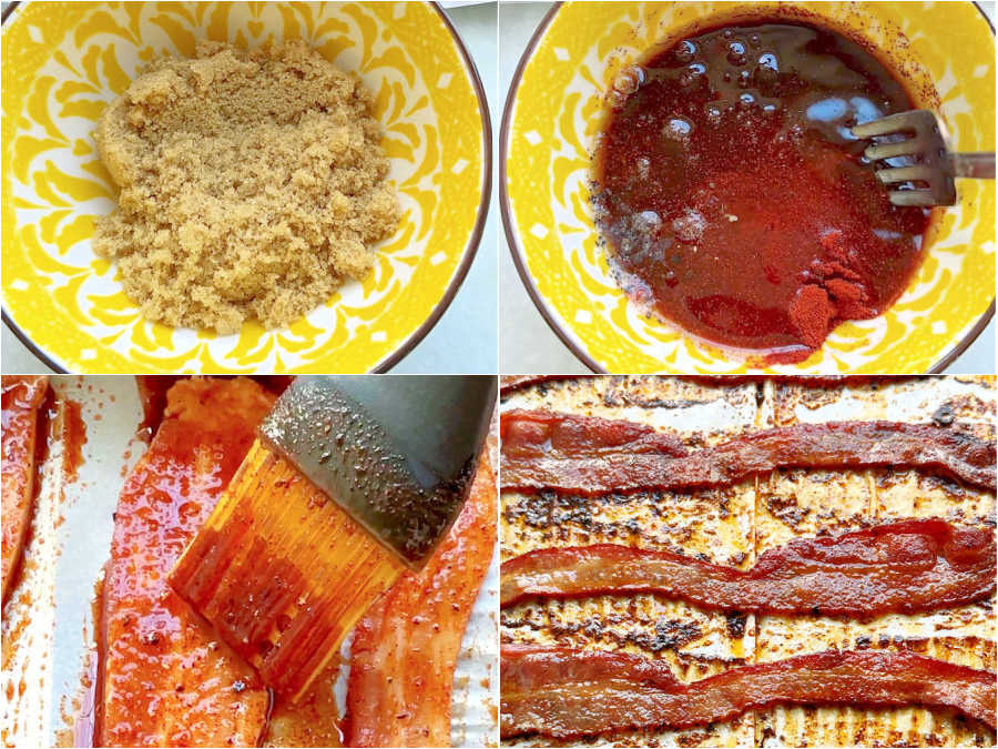 picture collage showing the steps for how to make bacon candy