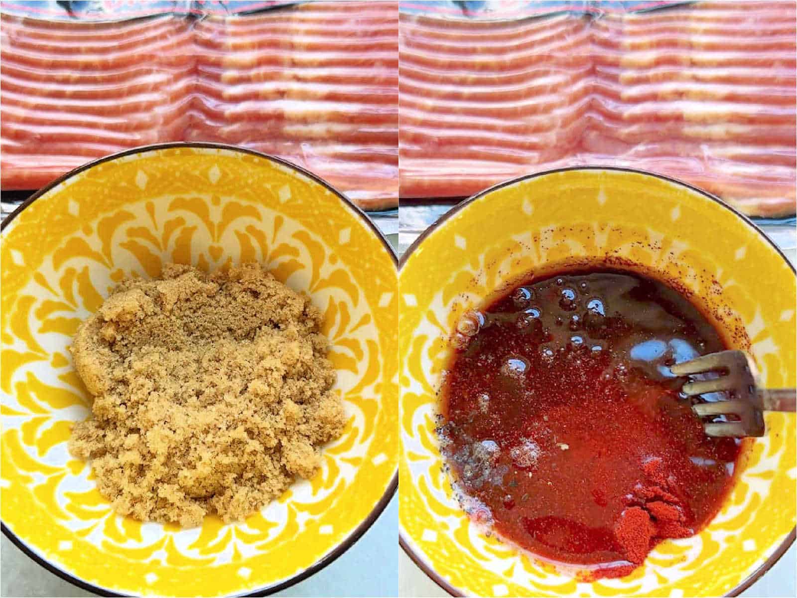 making the brown sugar bourbon spice paste to brush onto the bacon strips