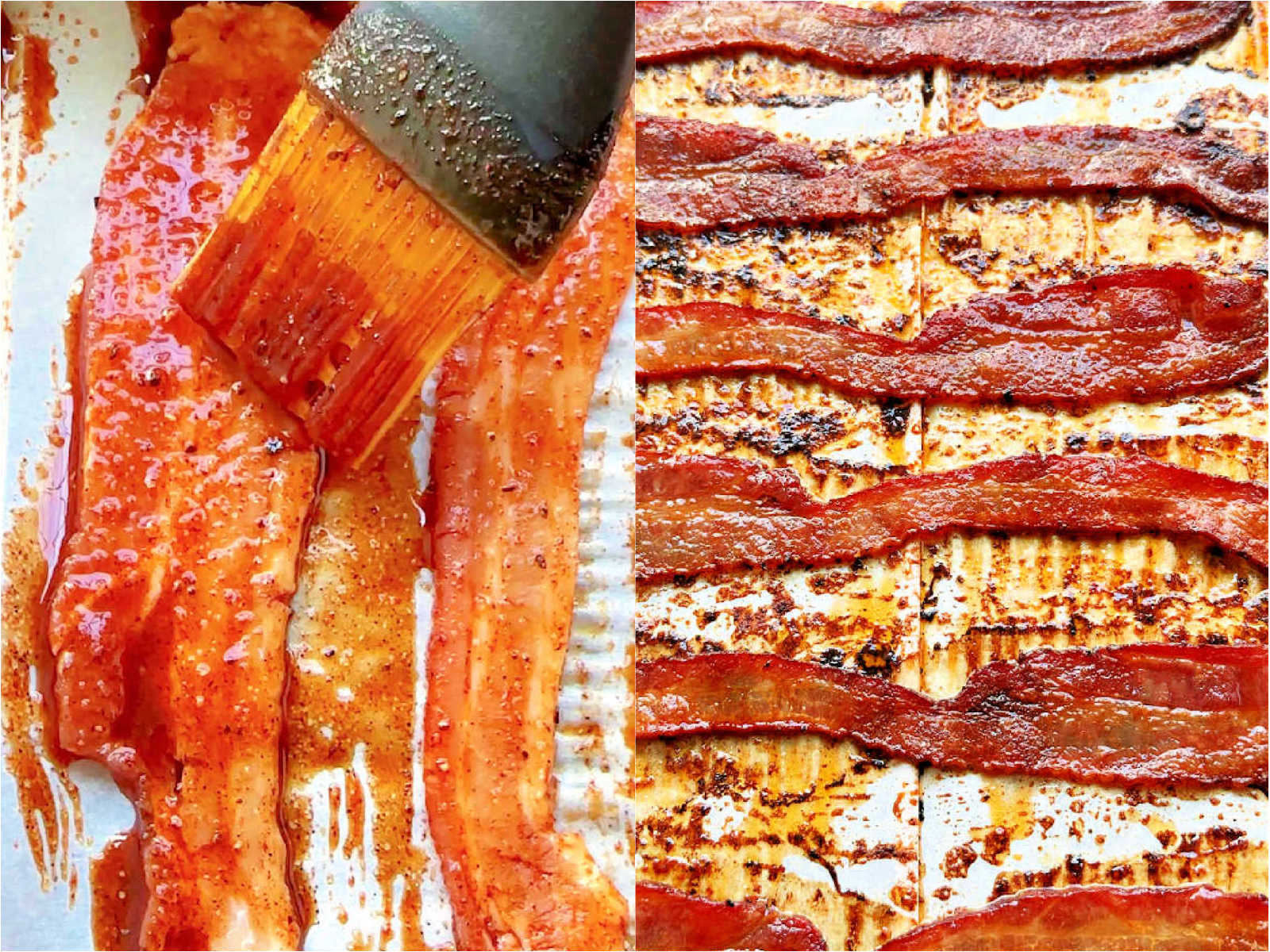 showing the bacon candy before and after being baked on sheet pans